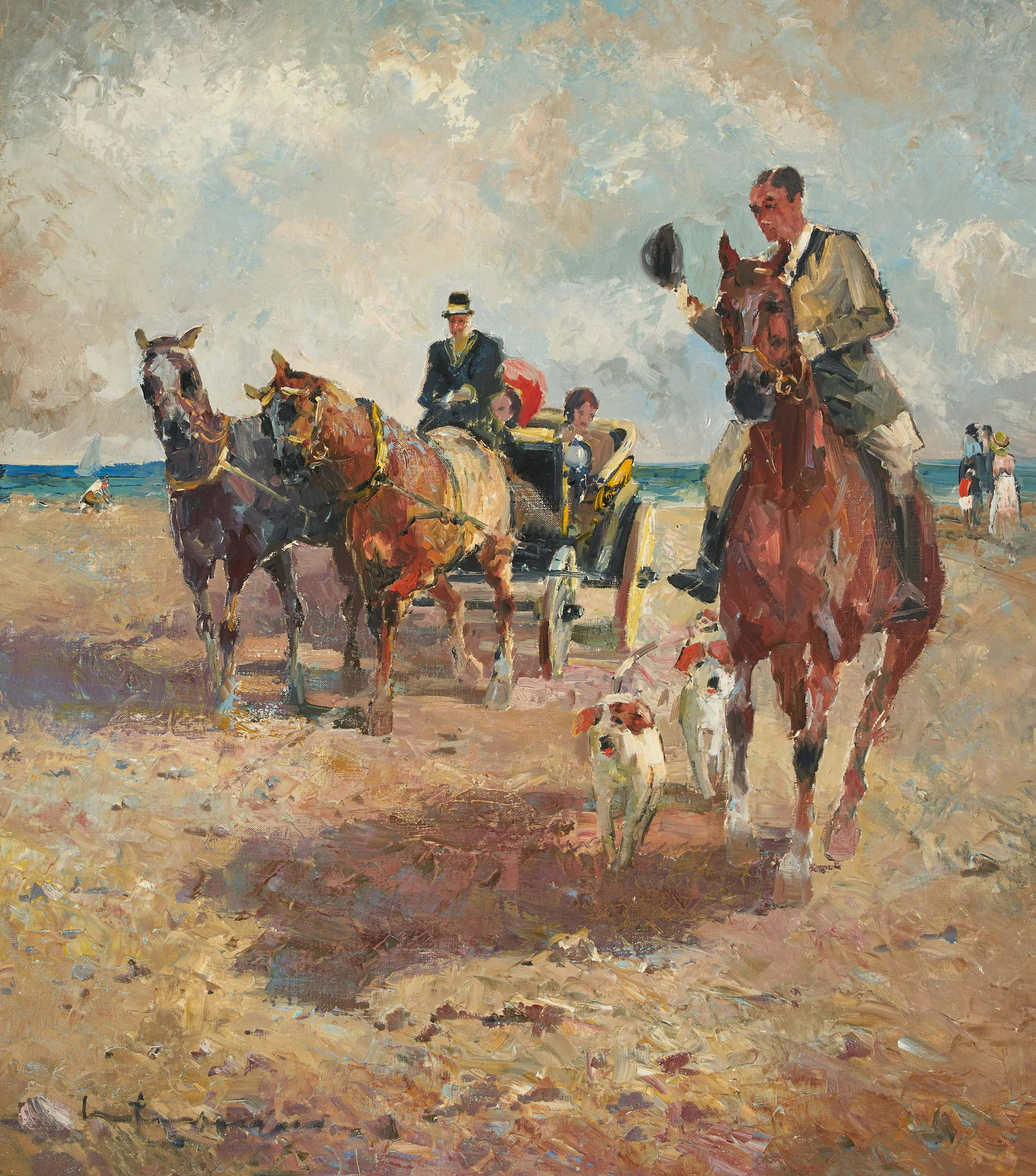 Ludwig Gschossmann - Coach & Hunt at Starnbergerse Lake: Lot 239 Ludwig Gschossmann German (1894-1988) Coach & Hunt at Starnbergerse Lake Starnberg Near Munich oil on canvas (unstretched) signed lower left 36 x 31 1/2 inches Provenance: From the collectio