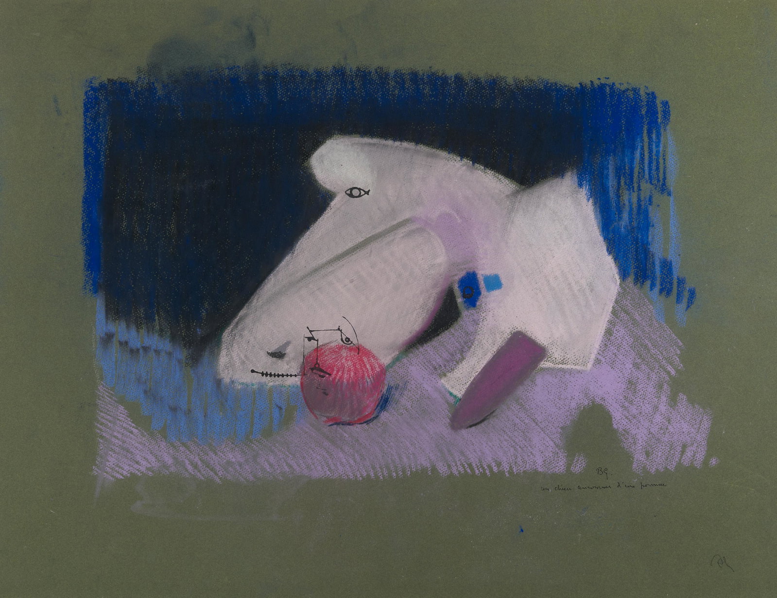Benoît Gilsoul - Le Chein Amoureux d: Lot 69 Benoît Gilsoul Belgian (1914-2000) Le Chien Amoureux d'une Pomme pastel and ink on green paper signed lower right 19 1/4 x 25 1/2 inches Provenance: From the estate of Benoît Gilsoul