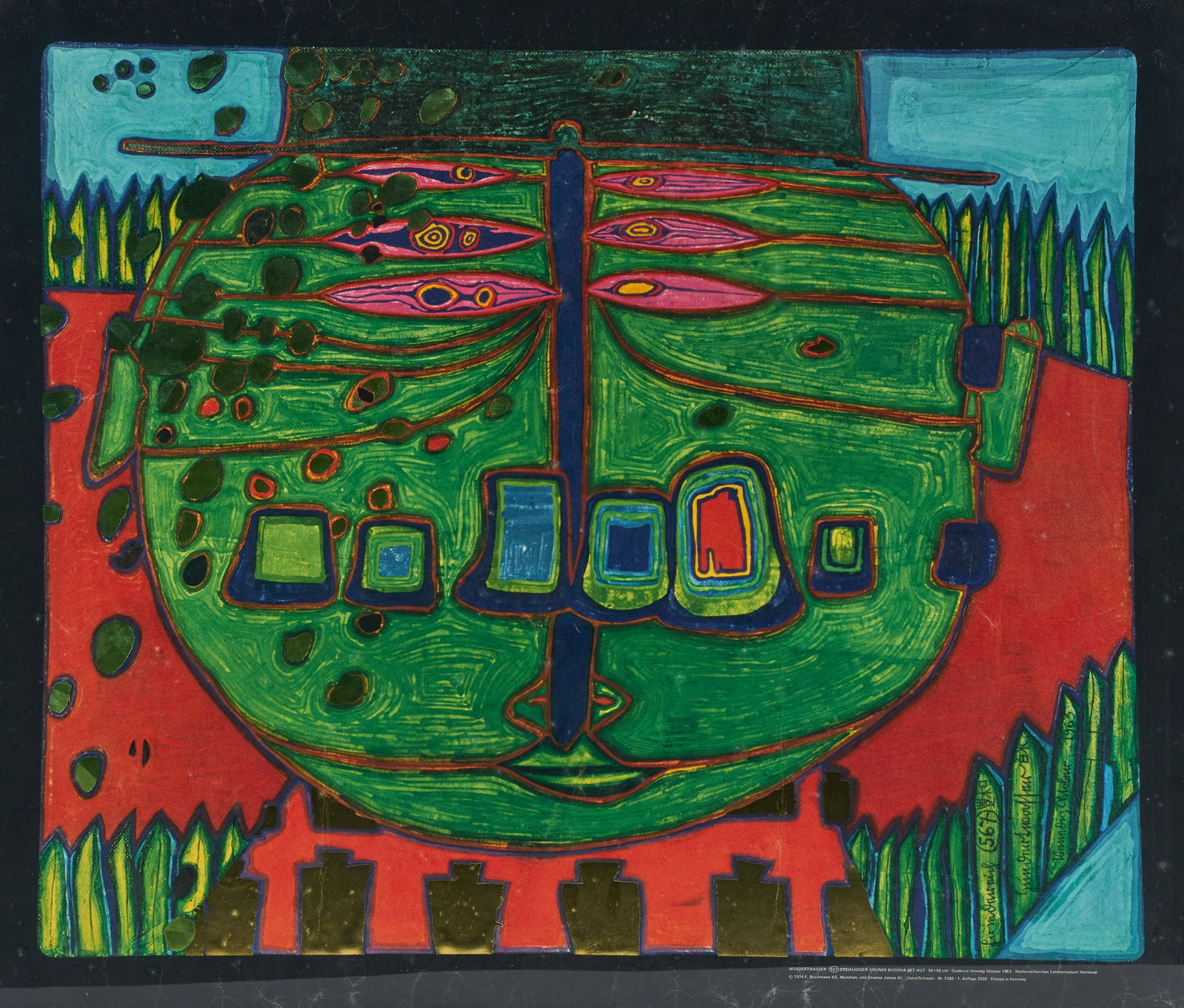 Friedensreich Hundertwasser - Three Eyed Green Buddha: Lot 51 Friedensreich Hundertwasser Austrian (1928-2000) Three Eyed Green Buddha with Hat foil embossed poster sight: 23 3/4 x 28 inches