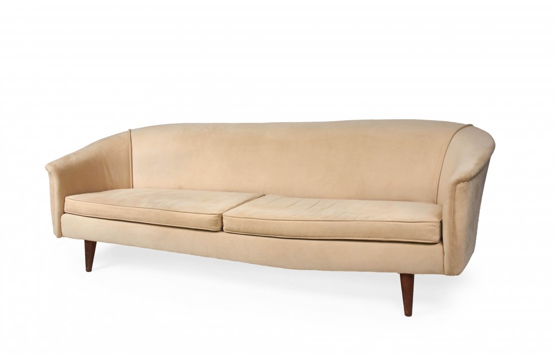 Danish Modern Couch: Lot 74 Danish Modern Couchfaux suede upholstery with wooden legs 27 x 85 x 32 inches