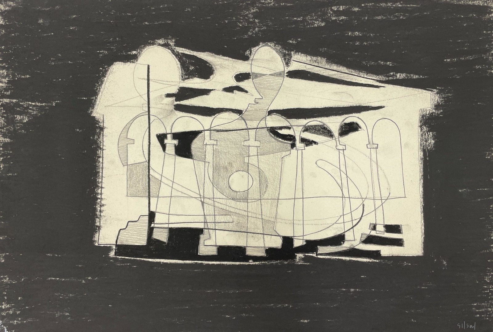Benoît Gilsoul - Untitled (Columns): Lot 108 Benoît Gilsoul Belgian (1914-2000) Untitled (Columns) charcoal and pencil on paper signed lower right 15 x 22 inches Provenance: From the estate of Benoît Gilsoul