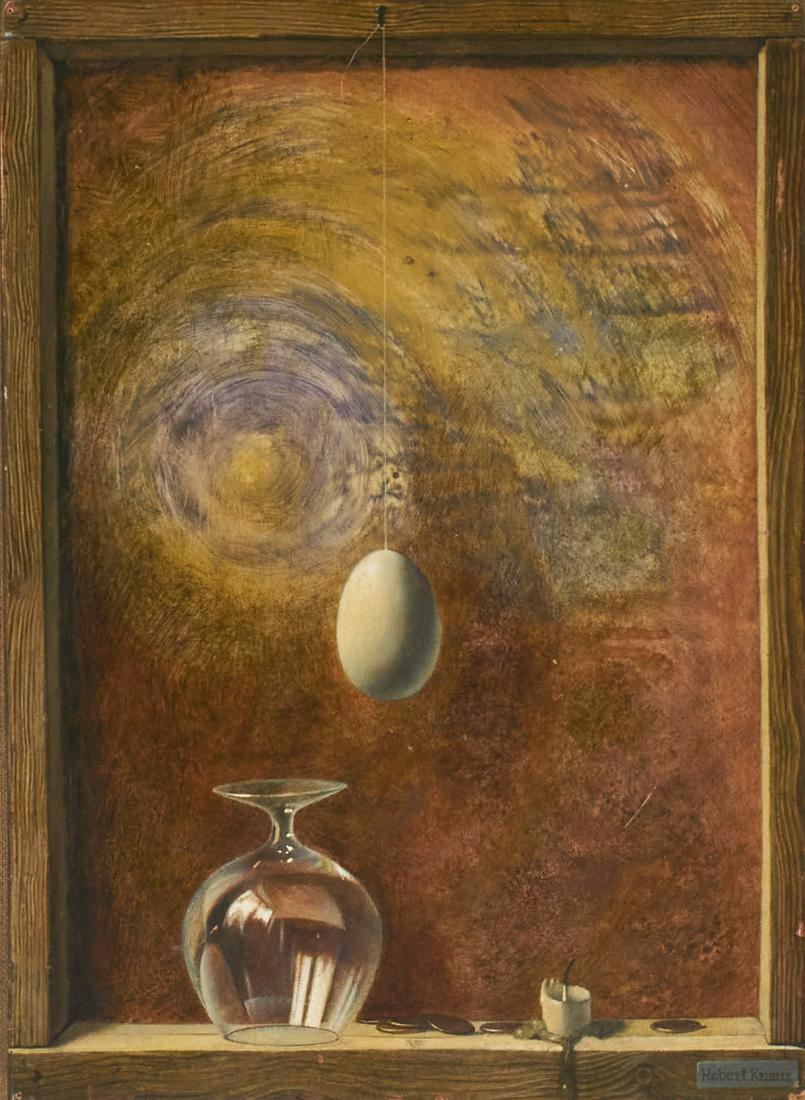 Robert Knaus - Untitled (Hanging egg): Lot 31 Robert Knaus Austrian (1900-1975) Untitled (Hanging egg) oil on masonite float mounted to board signed lower right 15 3/4 x 11 1/2 inches
