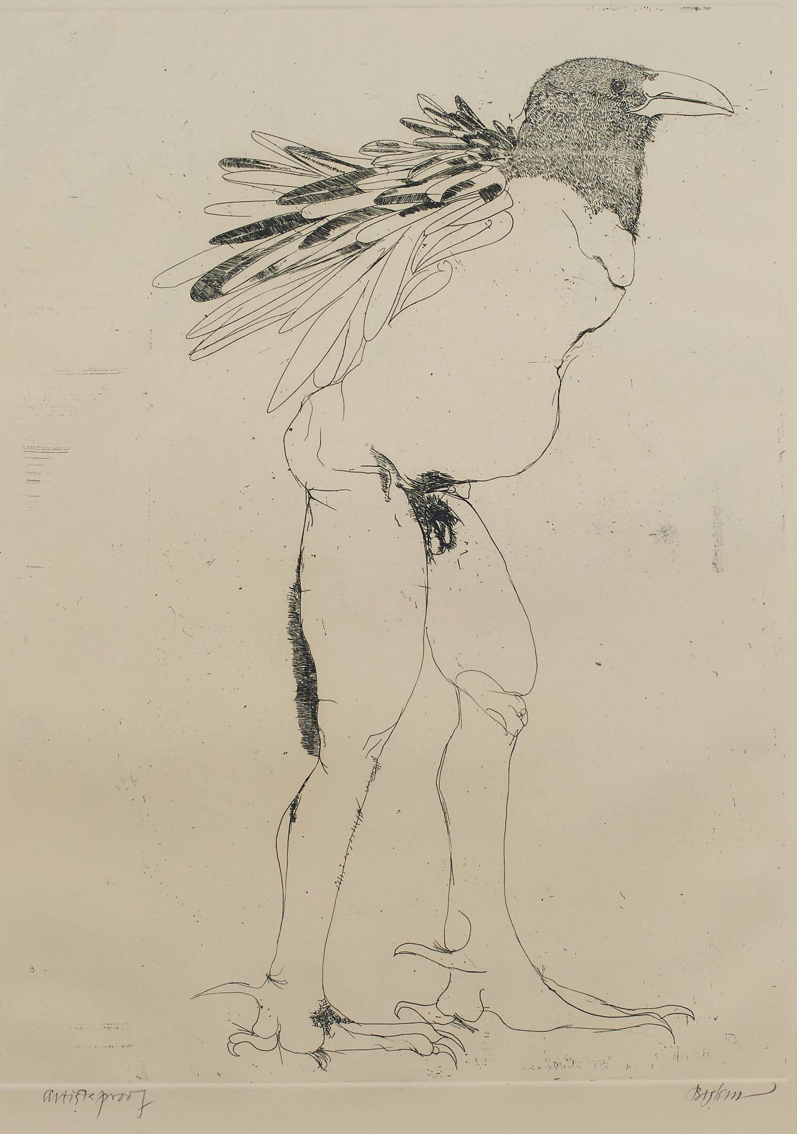 Leonard Baskin - Untitled (Male figure with bird head): Lot 69 Leonard Baskin American (1922-2000) Untitled (Male figure with bird head) etching pencil signed lower right, AP plate: 23 5/8 x 17 5/8 inches Provenance: From The Estate of Leonard Stone