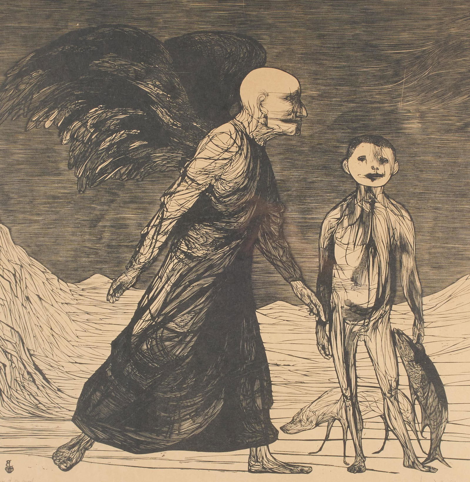 Leonard Baskin - Cobias and the Angel: Lot 85 Leonard Baskin American (1922-2000) Cobias and the Angel woodcut pencil signed lower right sight: 16 3/4 x 15 inches Provenance: From The Estate of Leonard Stone