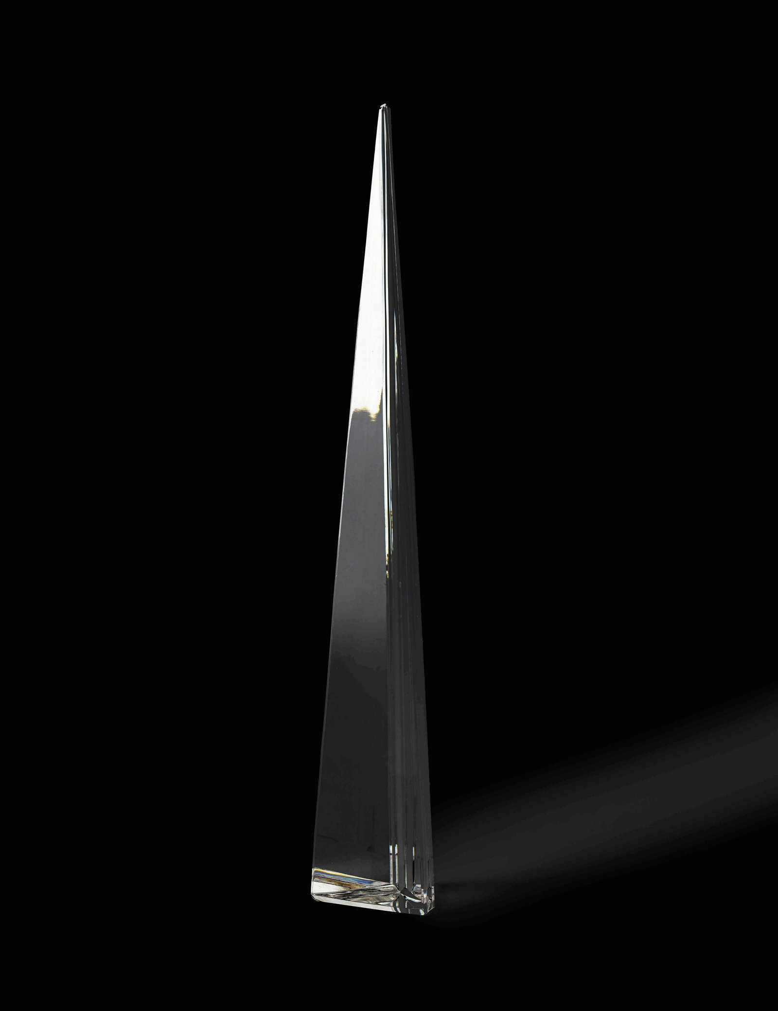 Baccarat Crystal- Three-sided Obelisk: Lot 1 Baccarat Crystal French Three-sided Obelisk crystal acid etched Baccarat on bottom height: 17 3/4 inches Provenance: from a private Alpine, New Jersey collection