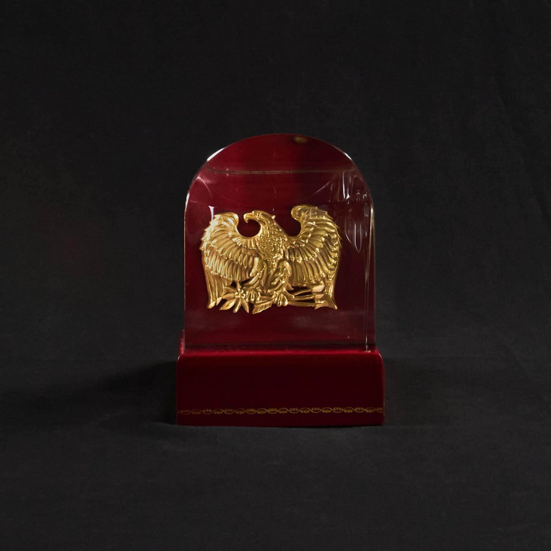 James Houston for Steuben Glass - Prism of the Eagle: Lot 9 James Houston for Steuben Glass Prism of the Eagle (1971) crystal and gold sculpture inscribed on the side height: 6 1/4 inches base: 4 1/4 x 4 3/4 inches Provenance: from a private Alpine, New