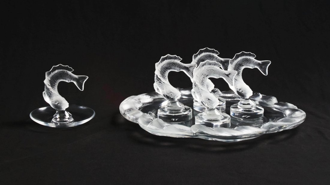 Lalique Crystal - Group of Four (4) Goujon Leaping Fish: Lot 19 Lalique Crystal Group of Four (4) Goujon Leaping Fish Card Holder (1) Fish Coupe Scalloped Dish Platter (1) Goujon Leaping Fish Ring Tray clear and frosted glass each inscribed Lalique France h
