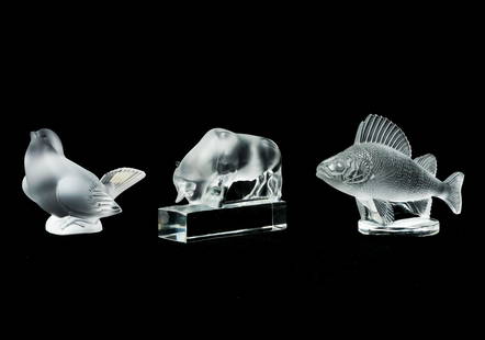 Lalique Crystal - Bull, Bird and Fish Three (3): Lot 1 Lalique Crystal Bull, Bird and Fish Three (3) Sculptures frosted and clear crystal all inscribed Lalique France height of the fish (tallest): 4 inches Provenance: from a private Alpine, New