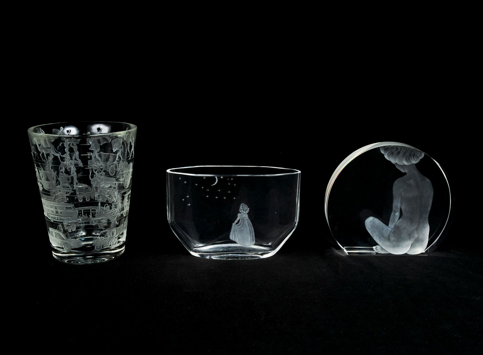 Scandinavian Glass Makers - Orrefors Glass vase with 2: Lot 4 Scandinavian Glass Makers Orrefors Glass vase with 2 other Engraved Pieces clear and frosted glass each inscribed, one with Orrefors F. 2763, one with A. Jachee, one with unknown makers mark hei