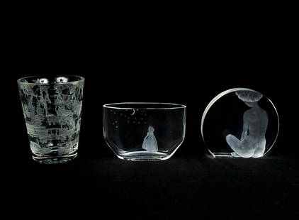 Scandinavian Glass Makers - Orrefors Glass vase with 2: Lot 4 Scandinavian Glass Makers Orrefors Glass vase with 2 other Engraved Pieces clear and frosted glass each inscribed, one with Orrefors F. 2763, one with A. Jachee, one with unknown makers mark