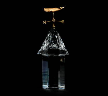 James Houston for Steuben Glass - Cupola with Golden: Lot 6 James Houston for Steuben Glass Cupola with Golden Whale weathervane crystal and gold with red leather fitted case inscribed on the bottom height: 7 inches diameter: 2 3/4 inches Provenance: