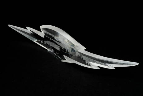 Donald Pollard for Steuben Glass - Manhattan Sculpture: Lot 8 Donald Pollard for Steuben Glass Manhattan Sculpture glass with illuminated wood base inscribed on the bottom height: 3 3/4 inches length: 18 1/4 inches Provenance: from a private Alpine, New