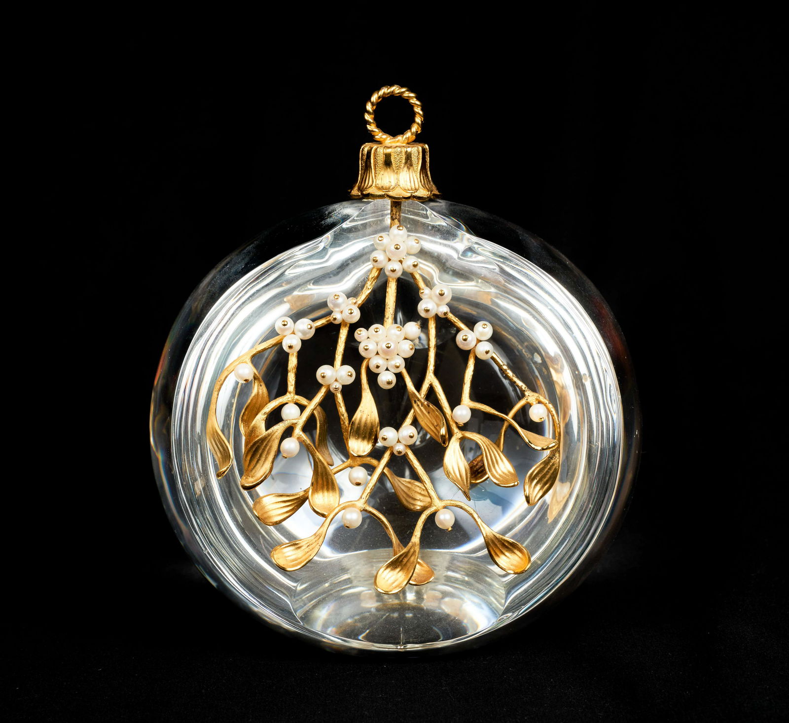 Donald Pollard for Steuben Glass - Mistletoe Christmas: Lot 10 Donald Pollard for Steuben Glass Mistletoe Christmas Ornament (ca 1970) crystal, cultured pearls, silver and gold vermeil hanger inscribed on the bottom height: 5 1/4 inches diameter: 4 3/4 in