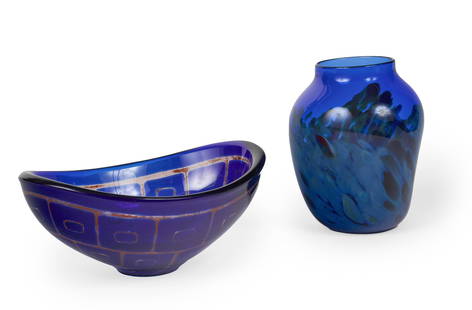 Sven Palmqvist for Orrefors - Wide Blue Dish with gold: Lot 12 Sven Palmqvist for Orrefors Wide Blue Dish with gold blue glass etched on bottom, one with Orrefors 1637, one with Salamandra Glass 5/76 dish: 3 x 7 1/2 x 5 3/8 inches Provenance: from a