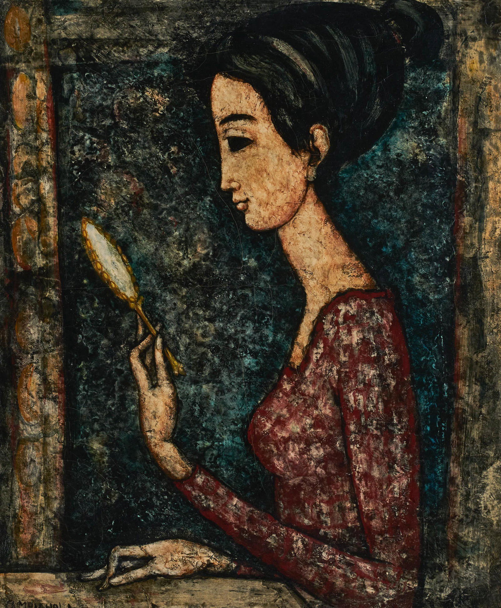 Enrico Campagnola - Untitled (Woman with hand mirror): Lot 69 Enrico Campagnola Swiss (1911-1984) Untitled (Woman with hand mirror) oil on canvas signed lower left sight: 23 3/8 x 19 1/8 inches Provenance: from a private Alpine, New Jersey collection