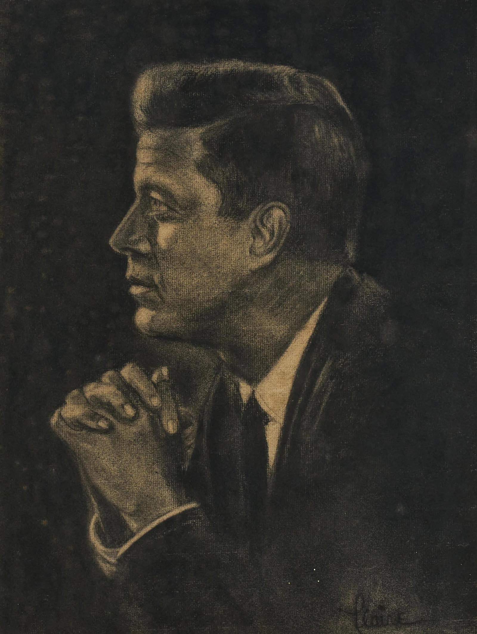 Unknown Artist - Untitled (John F. Kennedy): Lot 72 Unknown Artist (XX/XXI) Untitled (John F. Kennedy) charcoal on paper signed indistinctly lower right sight: 16 1/2 x 12 1/2 inches Provenance: from a private Alpine, New Jersey collection