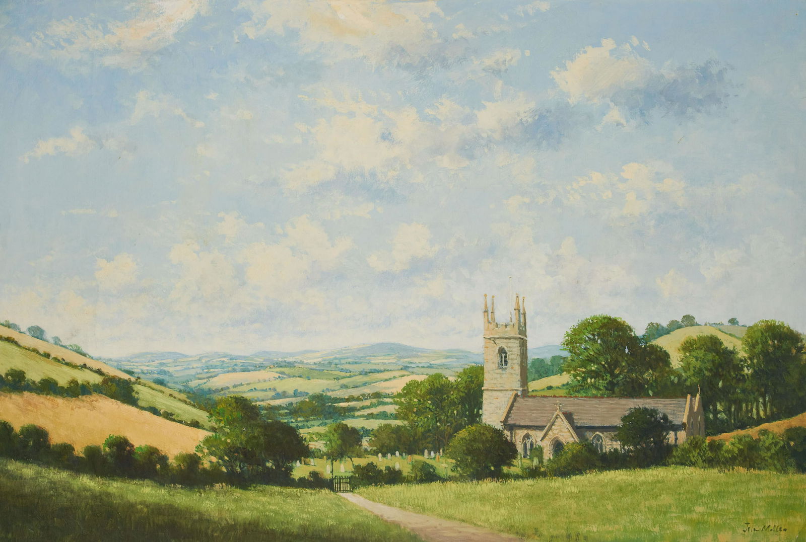 John Miller - West Country Church: Lot 133 John Miller British (1931-2002) West Country Church oil on canvas (unstretched) signed lower right 26 1/4 x 38 3/4 inches Provenance: From the collection of a fourth-generation New York art g
