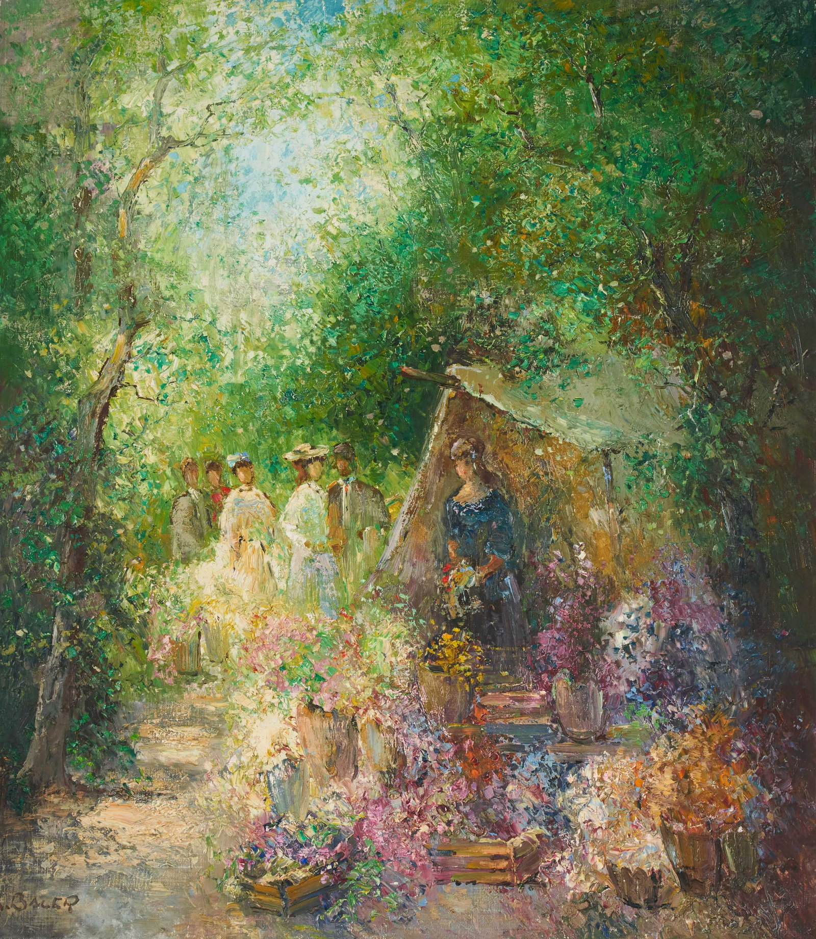 Willi Bauer - Flower Market: Lot 137 Willi Bauer German (b. 1923) Flower Market oil on canvas (unstretched) signed lower left 33 3/4 x 28 3/4 inches Provenance: From the collection of a fourth-generation New York art gallery