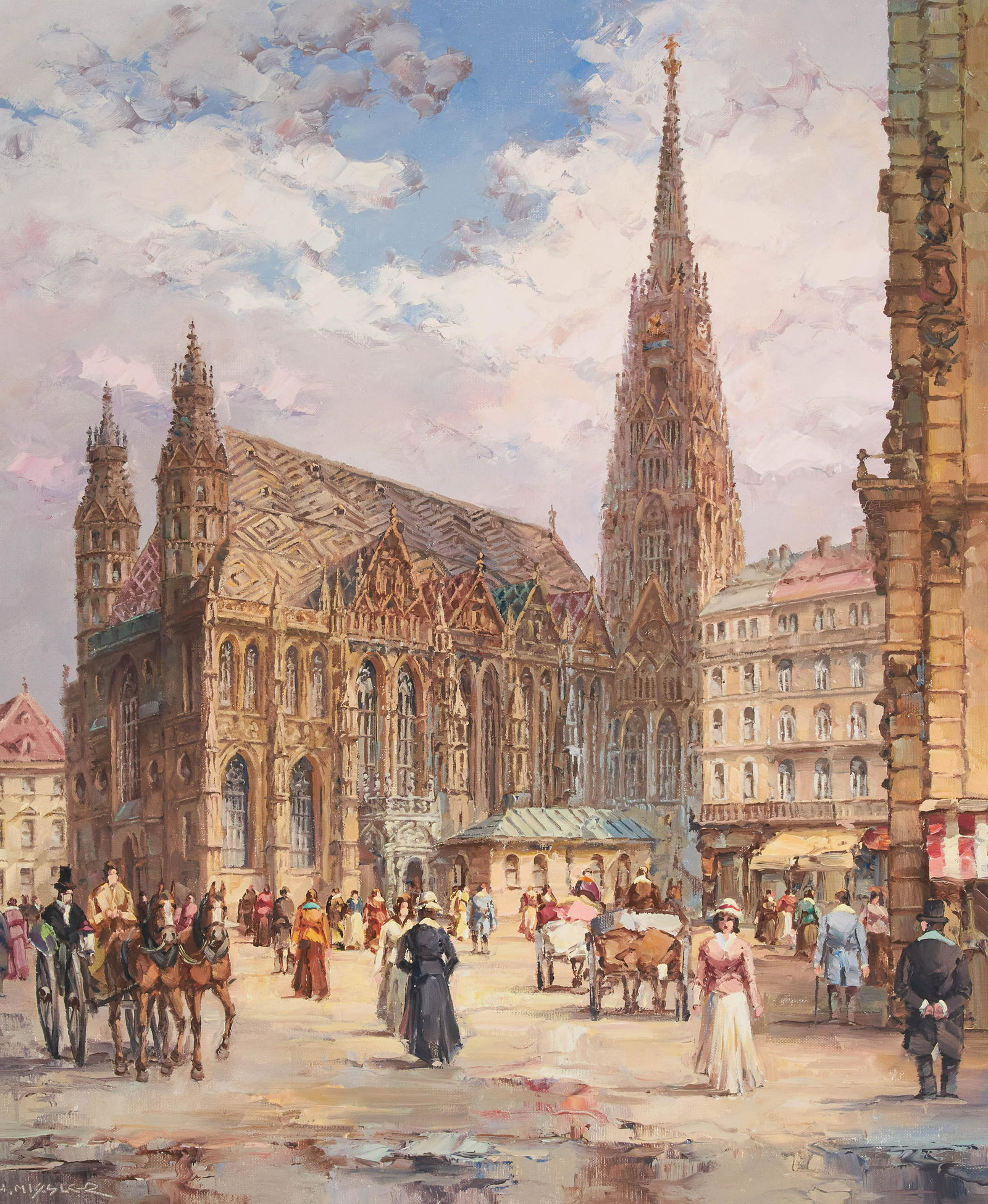 Horst Miesler - St. Stephen's Cathedral, Vienna: Lot 145 Horst Miesler Germany (b. 1934) St. Stephen's Cathedral, Vienna oil on canvas (unstretched) signed lower left 25 3/4 x 22 inches Provenance: From the collection of a fourth-generation New Yor