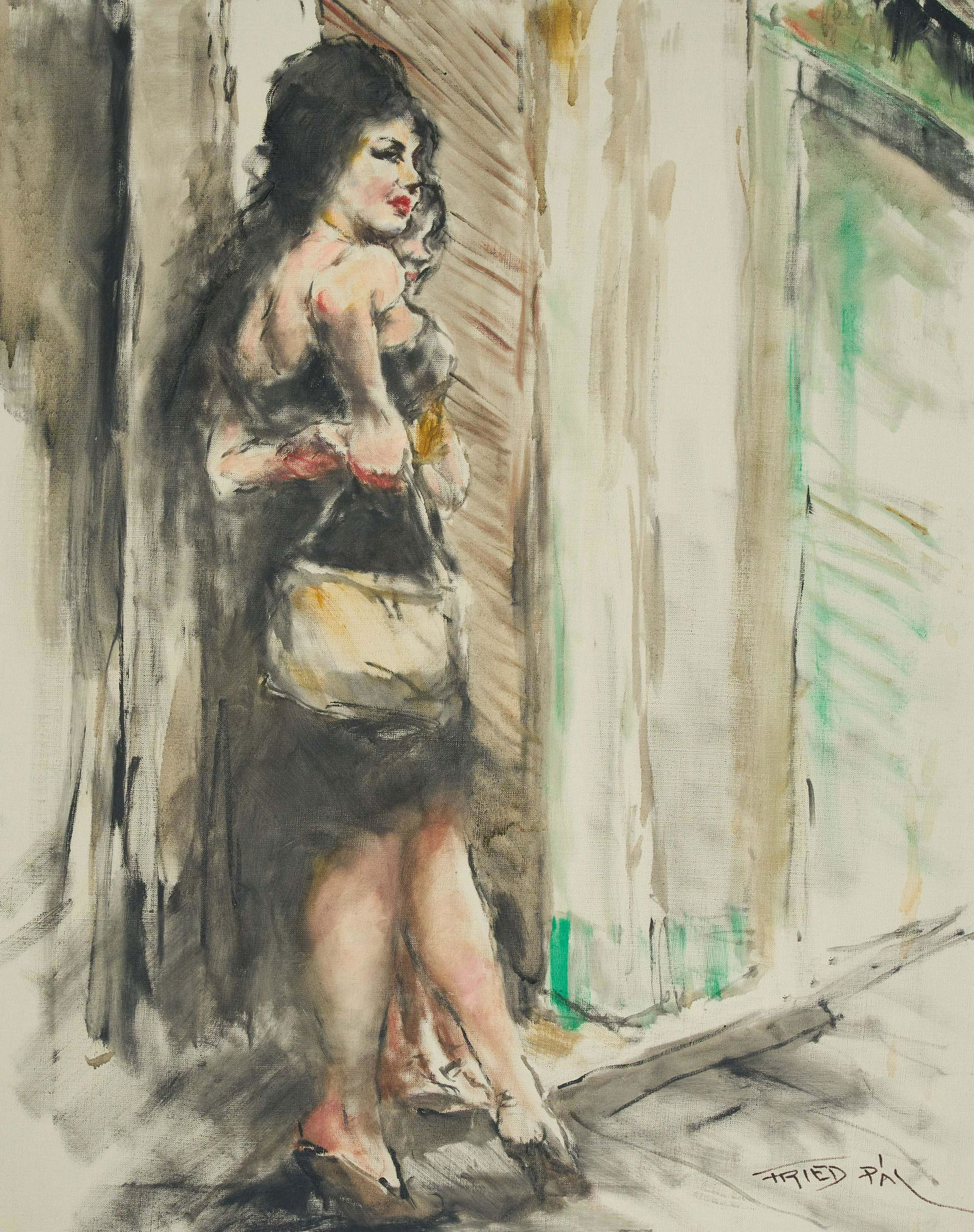 Pál Fried - Red Lips in Black Dress: Lot 153 Pál Fried American (1893-1976) Red Lips in Black Dress oil and charcoal on canvas (unstretched) signed lower right 34 x 27 inches Provenance: From the collection of a fourth-generation New Y