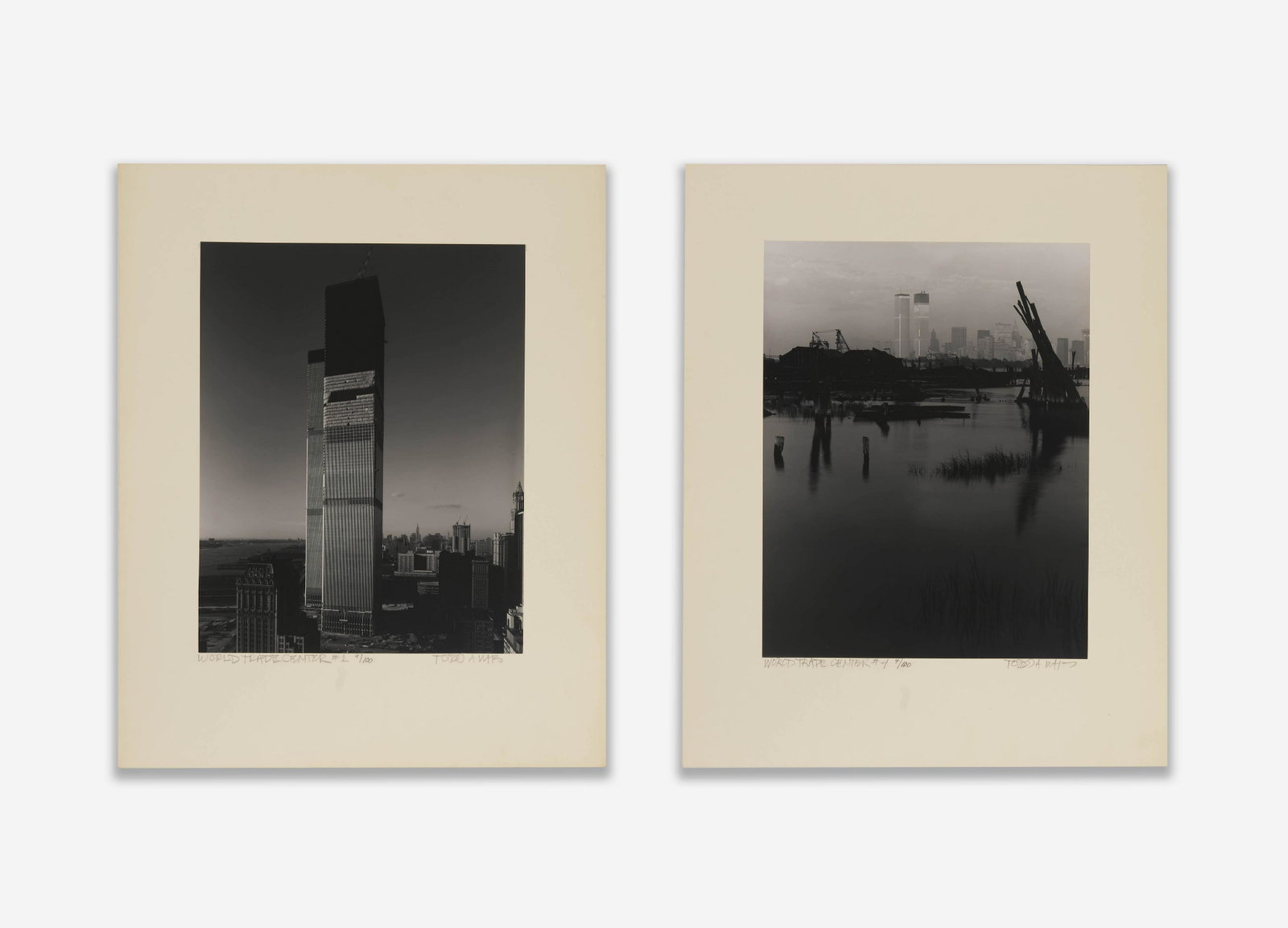 Todd Watts - World Trade Center #1 & #4: Lot 63 Todd Watts American (b. 1949) World Trade Center #1 & #4 (1972) gelatin silver print laid down on paper each signed lower right, numbered 4/100 image (each): 13 1/2 x 10 3/4 inches Provenance: