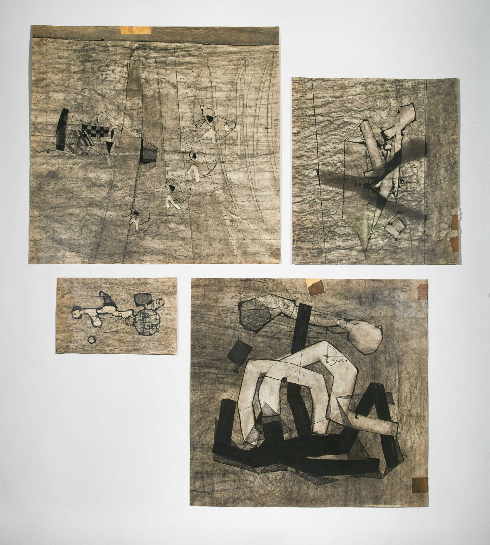 Benoît Gilsoul - Space Scenes (4): Lot 135 Benoît Gilsoul Belgian (1914-2000) Space Scenes (4) charcoal and India ink on paper each signed largest: 24 1/2 x 24 inches Provenance: From the estate of Benoît Gilsoul lot includes f