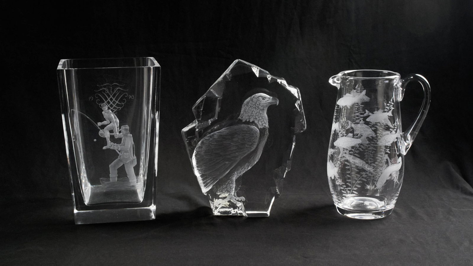 Various artist including Orrefors - Group of Three (3): Lot 1 Various artist including Orrefors Group of Three (3) Glass Engraved Pieces including Orrefors Vase and Mats Jonasson Glass Eagle two clear and frosted crystal, one clear and frosted glass each
