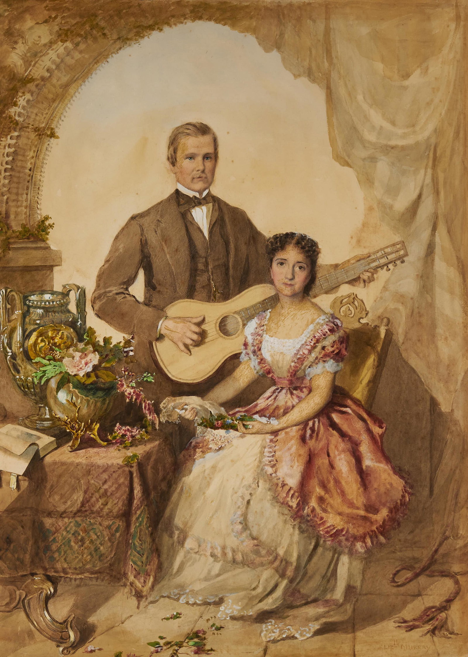 Elizabeth Heaphy Murray - Untitled (Man playing guitar): Lot 9 Elizabeth Heaphy Murray British (1815-1882) Untitled (Man playing guitar) watercolor signed lower right sight: 29 1/2 x 21 1/4 inches Provenance: A private Manhasset, NY Collection