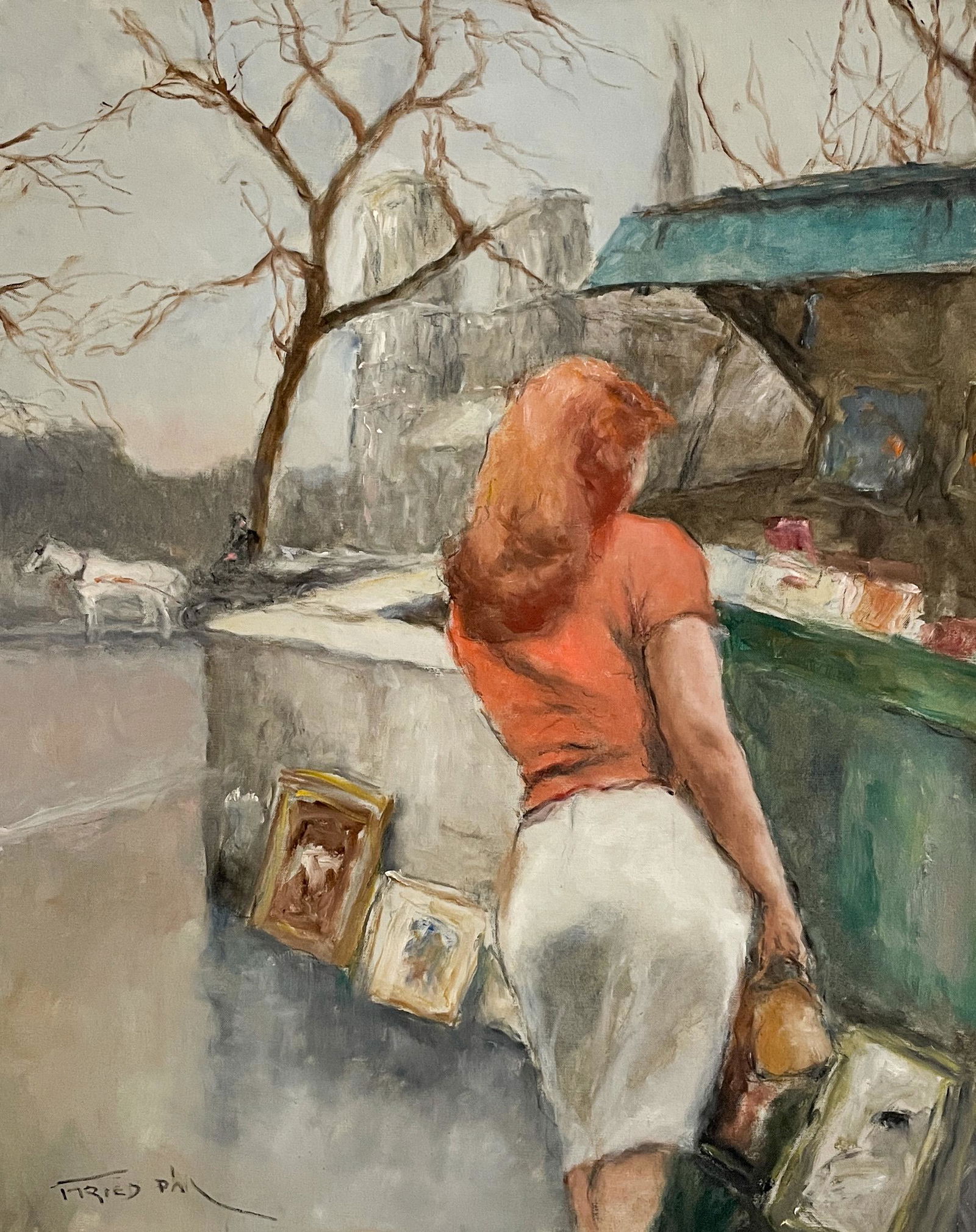 Pál Fried - Paris Book Stalls Notre Dame: Lot 28 Pál Fried American (1893-1976) Paris Book Stalls Notre Dame oil and charcoal on canvas signed lower left 34 1/4 x 27 inches Provenance: from the collection of a fourth-generation New York art