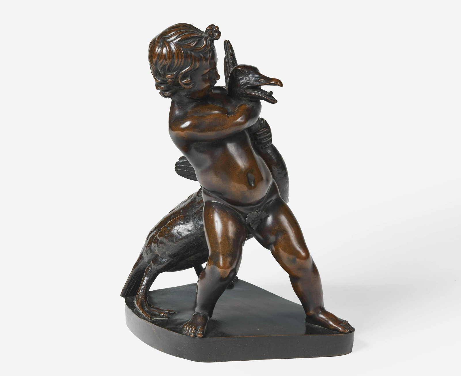 Unknown Artist - bronze Putti with Goose: Lot 64 Unknown Artist (XX/XXI) bronze Putti with Goose bronze with artist applied brown patina 14 x 10 1/2 x 8 inches Provenance: from a private collection