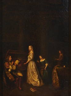 after Gonzales Coques - Woman at Piano: Lot 38 after Gonzales Coques Belgian (1614-1684) Woman at Piano oil on curved panel 19 x 14 1/2 inches Provenance: from a Private Collection, Greenwich CT