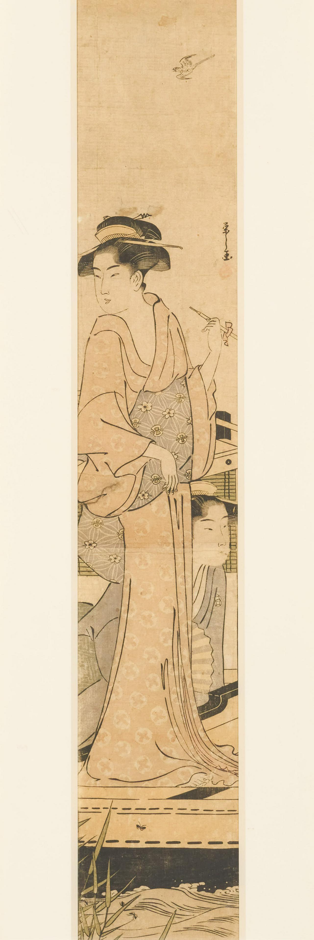Eishi (Tokitomi Hosoda) - Two Women in a Houseboat: Lot 7 Eishi (Tokitomi Hosoda) Japanese (1756-1829) Two Women in a Houseboat (c.1785) woodcut in color signed and faded chop mark middle right sight: 25 1/4 x 4 1/4 inches Provenance: from a private Ne