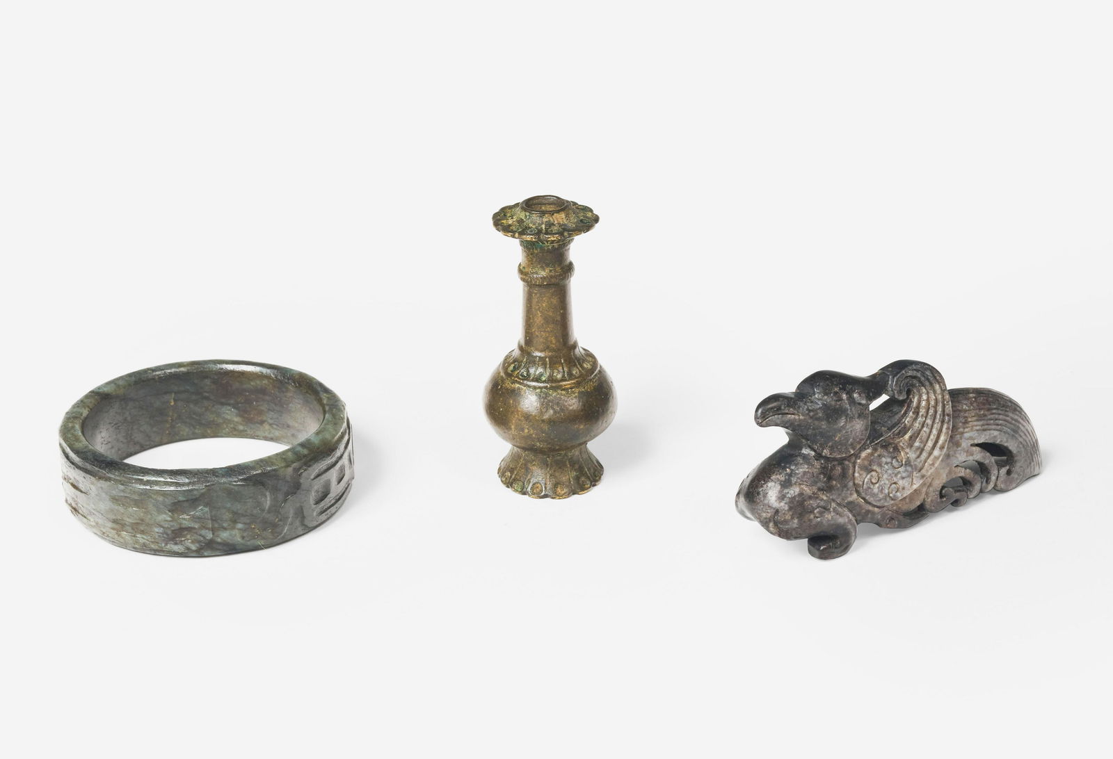 Group of Jade Bangle, Jade Bird, and Small Bronze Vase, (1 of 3)