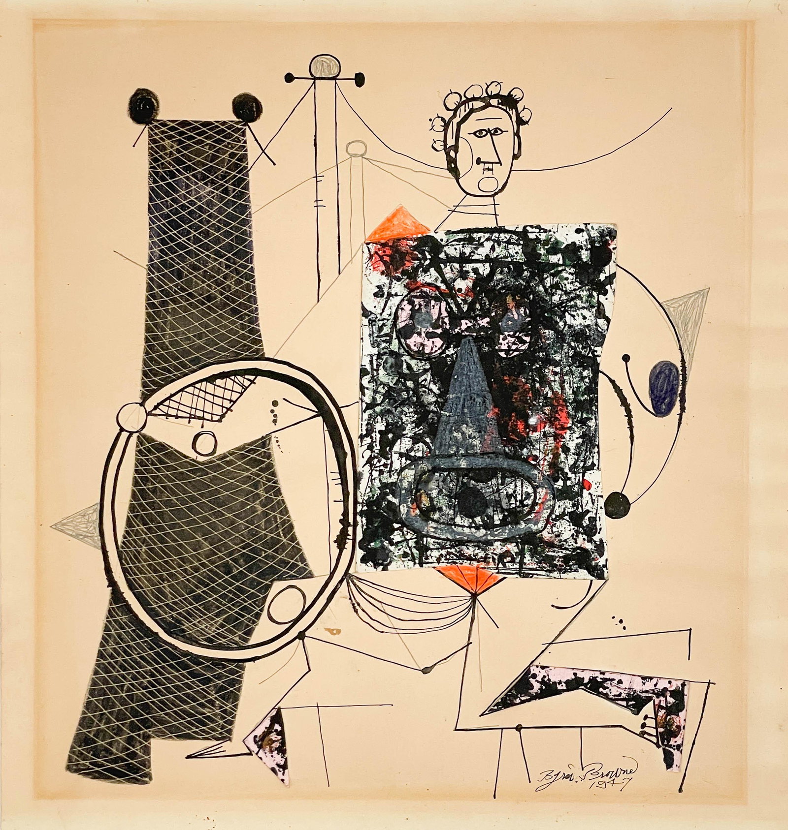 Byron Browne - Acrobat: Lot 26 Byron Browne American (1907-1961) Acrobat (1947) ink, crayon, collage on paper signed lower right sheet: 19 3/4 x 18 3/4 inches Provenance: from a Woodmere, NY Estate Kootz Gallery, New York