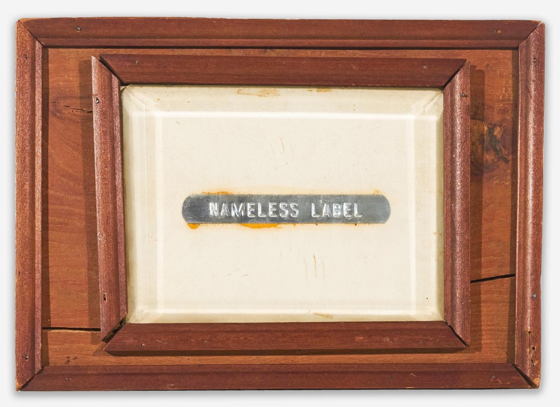 Joseph Kosuth - Nameless Label: Lot 19 Joseph Kosuth American (b. 1945) Nameless Label (1965) embossed metal adhered to paper in artists frame pencil signed and stamped verso 4 x 5 3/4 inches Provenance: From the Estate of Friede Go