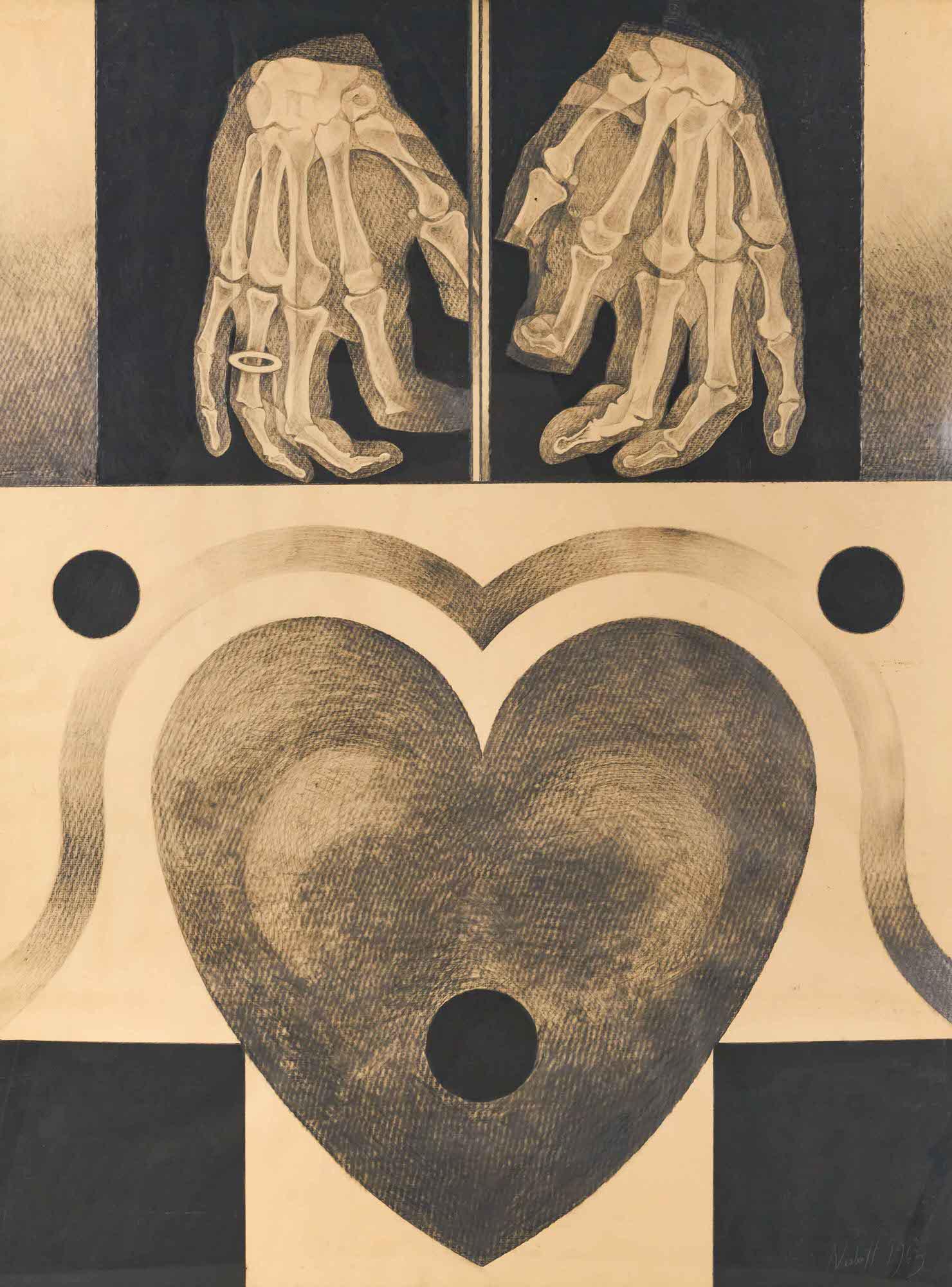 Lowell Nesbitt - Untitled (X-Ray Hands and Heart): Lot 94 Lowell Nesbitt American (1933-1993) Untitled (X-Ray Hands and Heart) graphite, ink, and charcoal on paper signed lower right sight: 47 3/4 x 35 3/4 inches Provenance: from the estate of Lowell