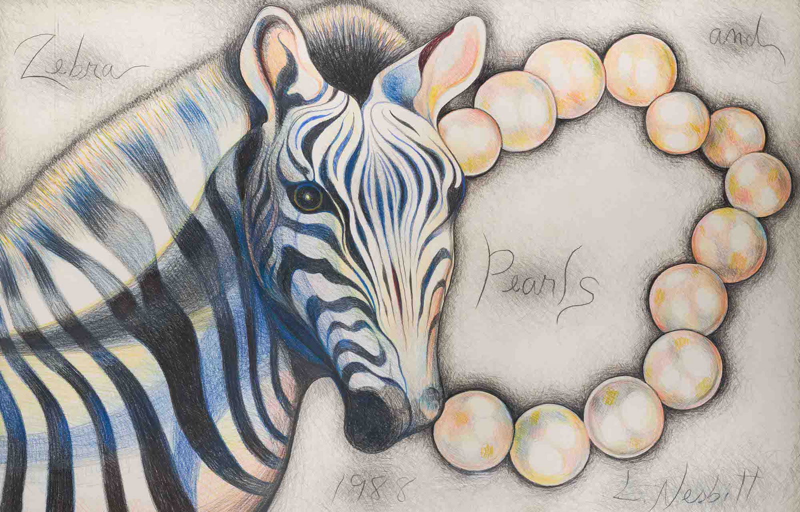 Lowell Nesbitt - Zebra with Pearls: Lot 112 Lowell Nesbitt American (1933-1993) Zebra with Pearls (1988) graphite, pastel, and charcoal on paper signed lower right sight: 39 1/4 x 59 1/2 inches Provenance: from the estate of Lowell Nesb