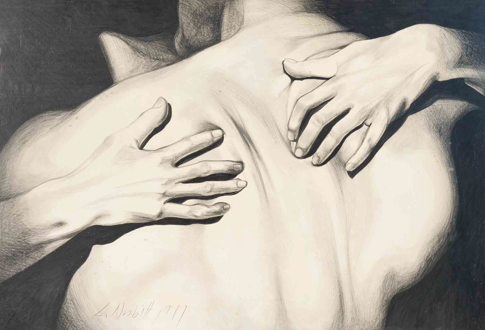 Lowell Nesbitt - Embrace: Lot 39 Lowell Nesbitt American (1933-1993) Embrace (1977) graphite on paper signed lower left sight: 30 1/4 x 44 inches Provenance: from the estate of Lowell Nesbitt