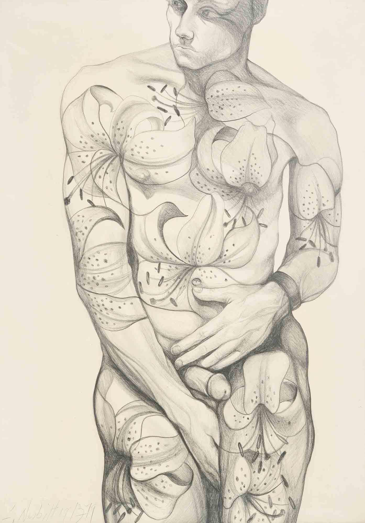 Lowell Nesbitt - Lilies on a Nude Man: Lot 44 Lowell Nesbitt American (1933-1993) Lilies on a Nude Man (1973-79) graphite on paper signed lower left sight: 35 1/4 x 25 inches Provenance: from the estate of Lowell Nesbitt