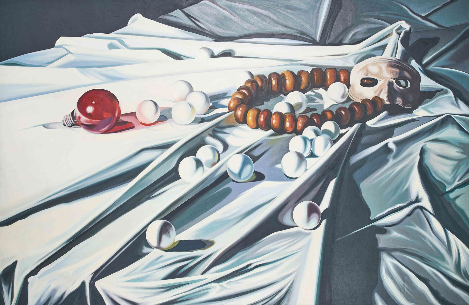 Lowell Nesbitt - Amber Beads and Mask: Lot 125 Lowell Nesbitt American (1933-1993) Amber Beads and Mask (1976) oil on canvas signed verso 72 x 110 inches Provenance: From the Estate of Lowell Nesbitt Andrew Crispo Gallery label verso