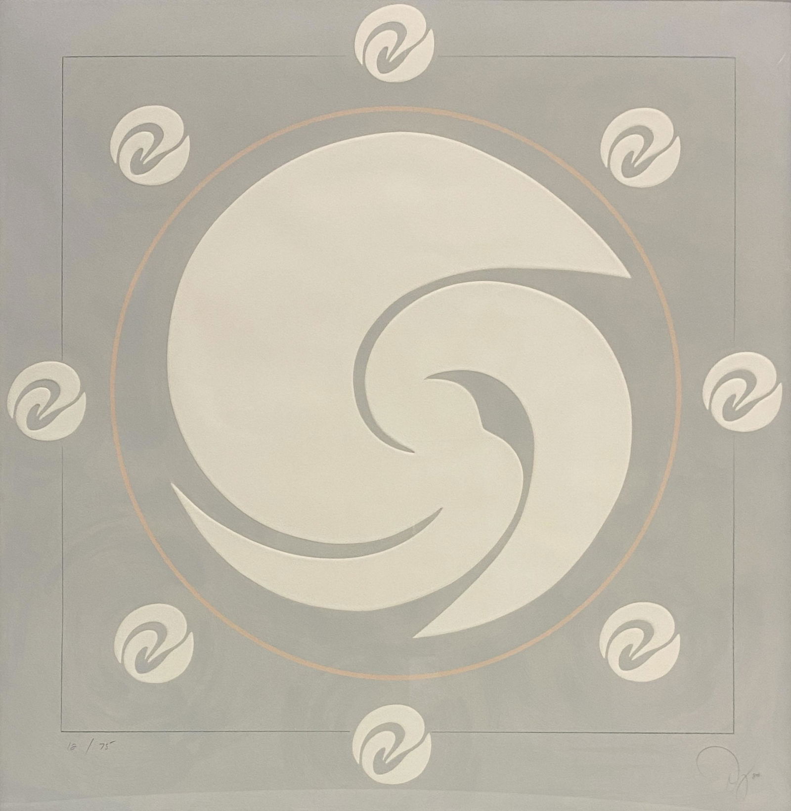 Jack Youngerman - Orbit: Lot 126 Jack Youngerman American (1926-2020) Orbit (1980) screenprint and pochoir in colors with embossing pencil signed lower right, 12/75 37 1/4 x 36 x 1 1/2 inches Provenance: From a private New Yo