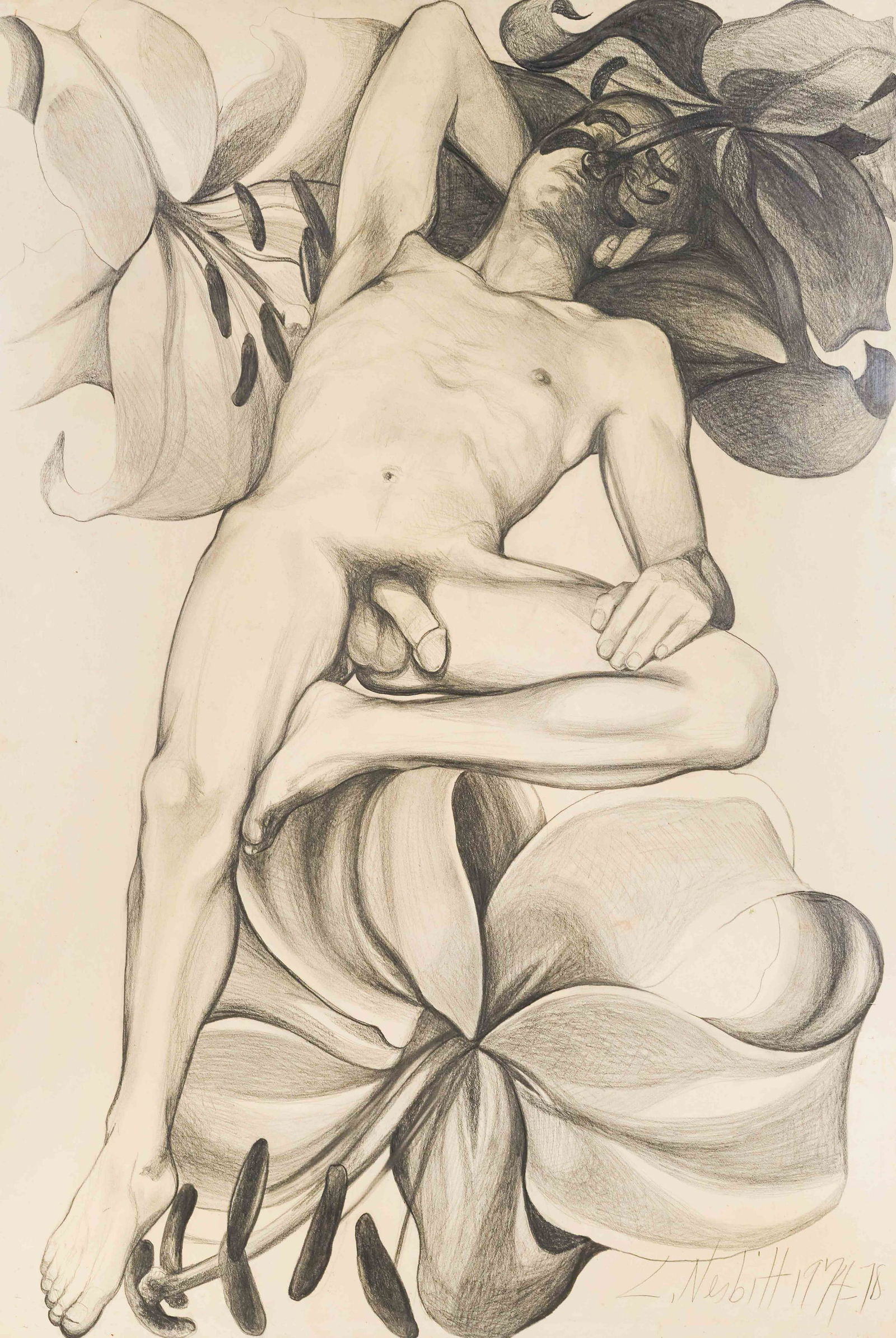 Lowell Nesbitt - Vincent and Three Lilies: Lot 148 Lowell Nesbitt American (1933-1993) Vincent and Three Lilies (1974-78) graphite on paper signed lower right sight: 44 1/4 x 30 1/4 inches Provenance: From the Estate of Lowell Nesbitt Being