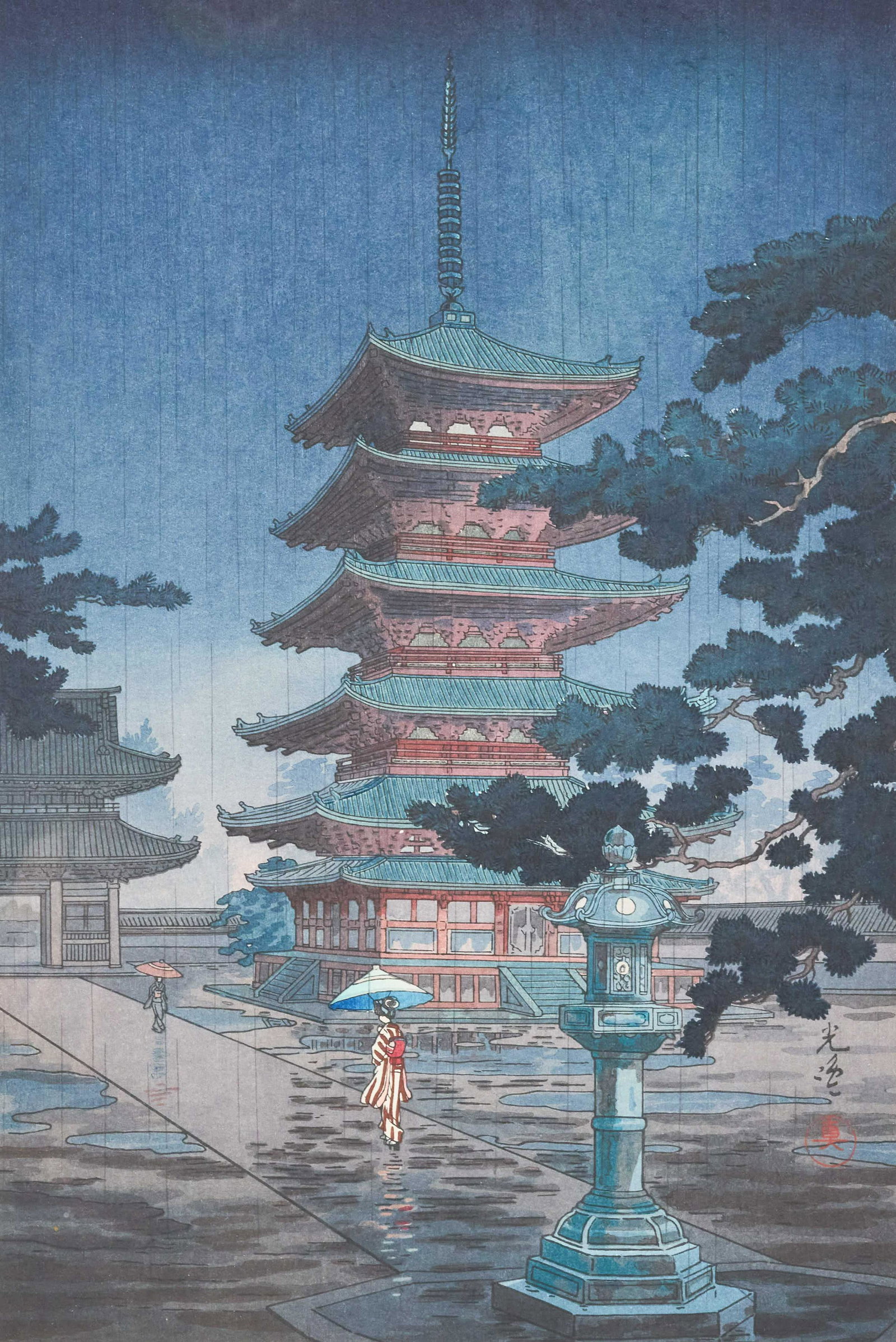 Tsuchiya Koitsu - Tsuchiya Koitsu, Rain at Horyuji: Lot 6 Tsuchiya Koitsu Japanese (1870-1949) Tsuchiya Koitsu, Rain at Horyuji Temple woodblock print signed in ink with seal on the right side sheet: 15 x 10 inches Provenance: from a Litchf