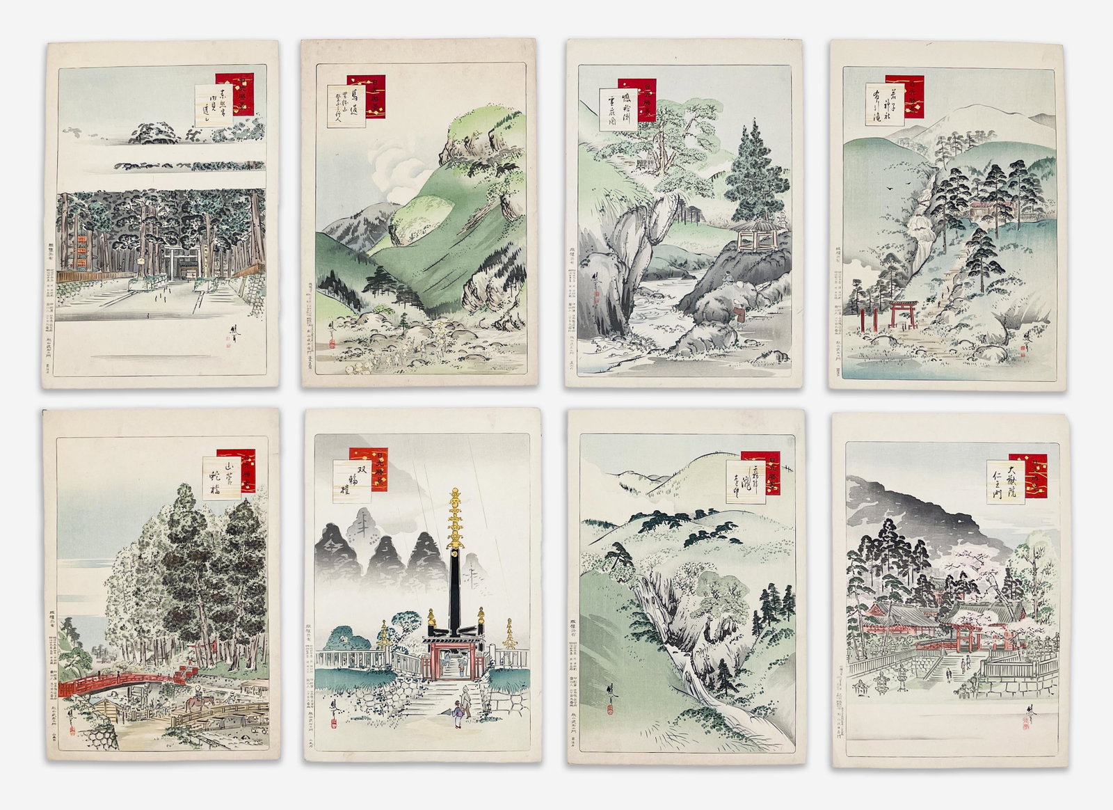 Group of 8 Scenic Japanese Woodblock Prints: Lot 26 Group of 8 Scenic Japanese Woodblock Prints lot includes 8 Japanese woodblock prints depicting landscapes with temple gates, pavilions or water sheet (each): 14 5/8 x 10 7/8 inches Provenance:
