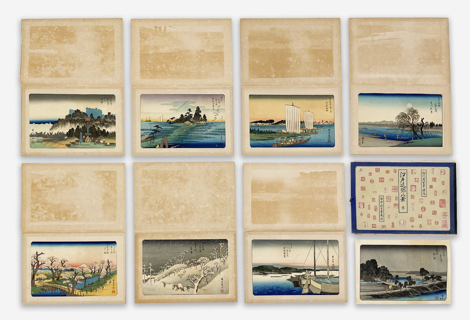 Utagawa Hiroshige - Eight Suburban Views of Edo: Lot 29 Utagawa Hiroshige Japanese (1797-1858) Eight Suburban Views of Edo woodblock print book of Utagawa Hiroshige later strike woodblock prints with protective mats, one print is missing it's mat, p
