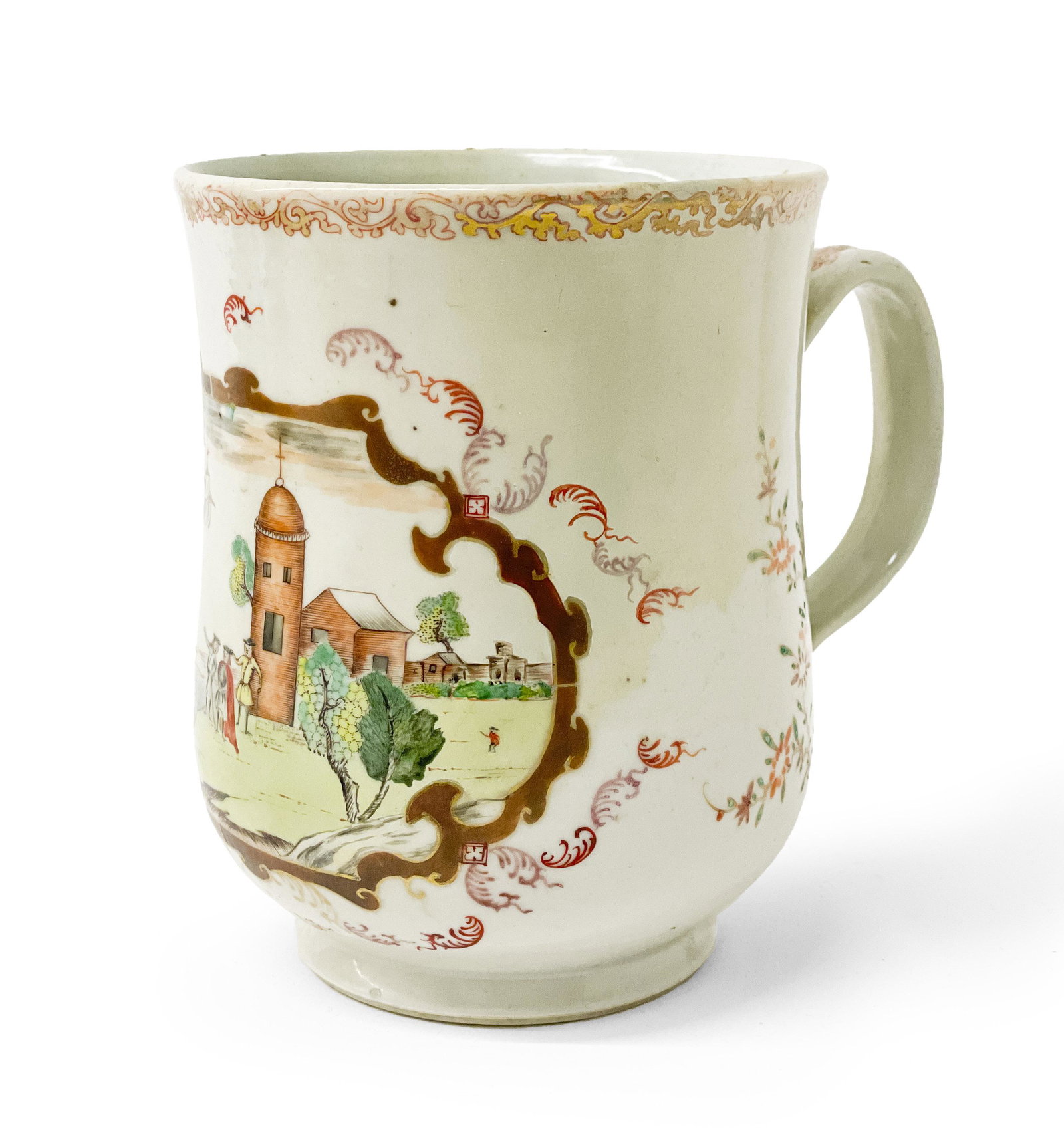 Chinese Export Dutch Landscape Tankard: Lot 120 Chinese Export Dutch Landscape Tankard (Qianlong Period, 1750-1770) export porcelain tankard decorated in the Meissen style, the central image of the Dutch coast with figures, a village and ma