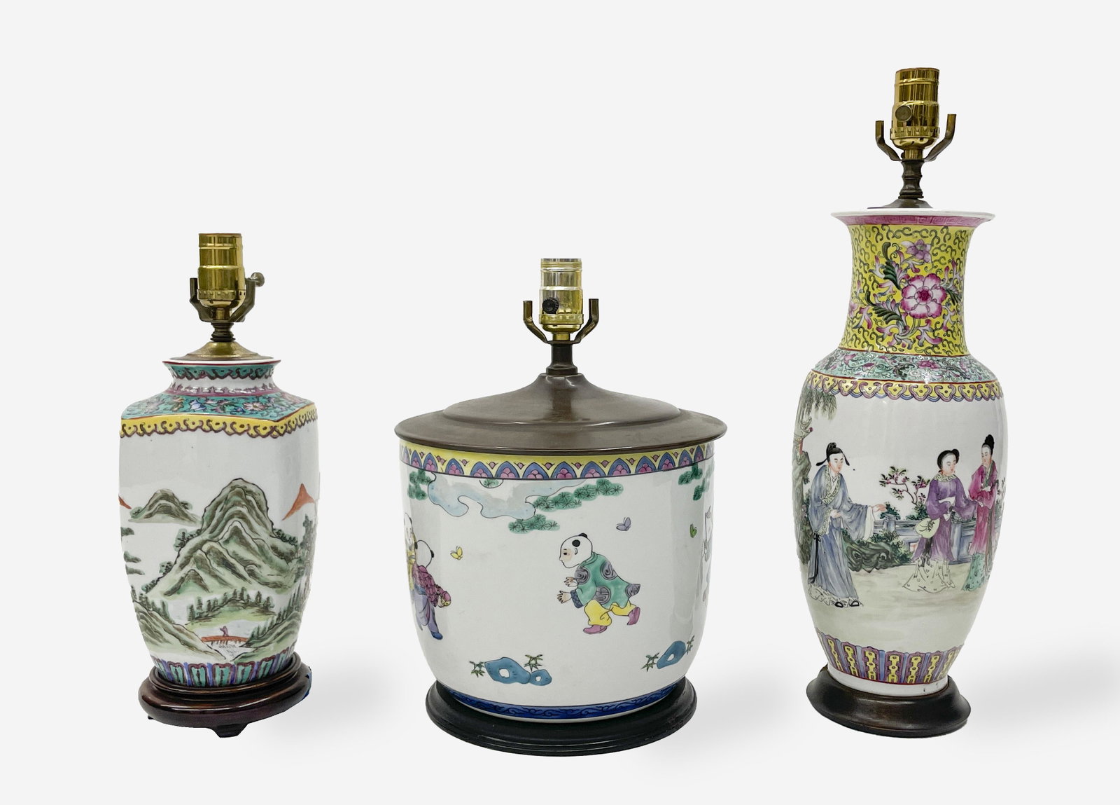 Group of 3 Chinese Porcelain Vases, mounted as Lamps: Lot 203 Group of 3 Chinese Porcelain Vases, mounted as Lamps Group of Three Chinese Porcelain Vases, mounted as Lamps tallest: 19 1/4 x 4 1/2 x 4 1/4 inches Provenance: Collection of Jane and Jonathan