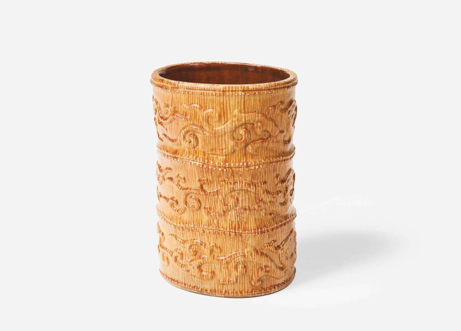 Porcelain Bamboo Form Brush Pot: Lot 218 Porcelain Bamboo Form Brush Pot (19th Century to 20th Century) Bamboo brush pot, porcelain with tinted glaze, well modeled of bamboo form with three registers of chilong dragons in low relief,