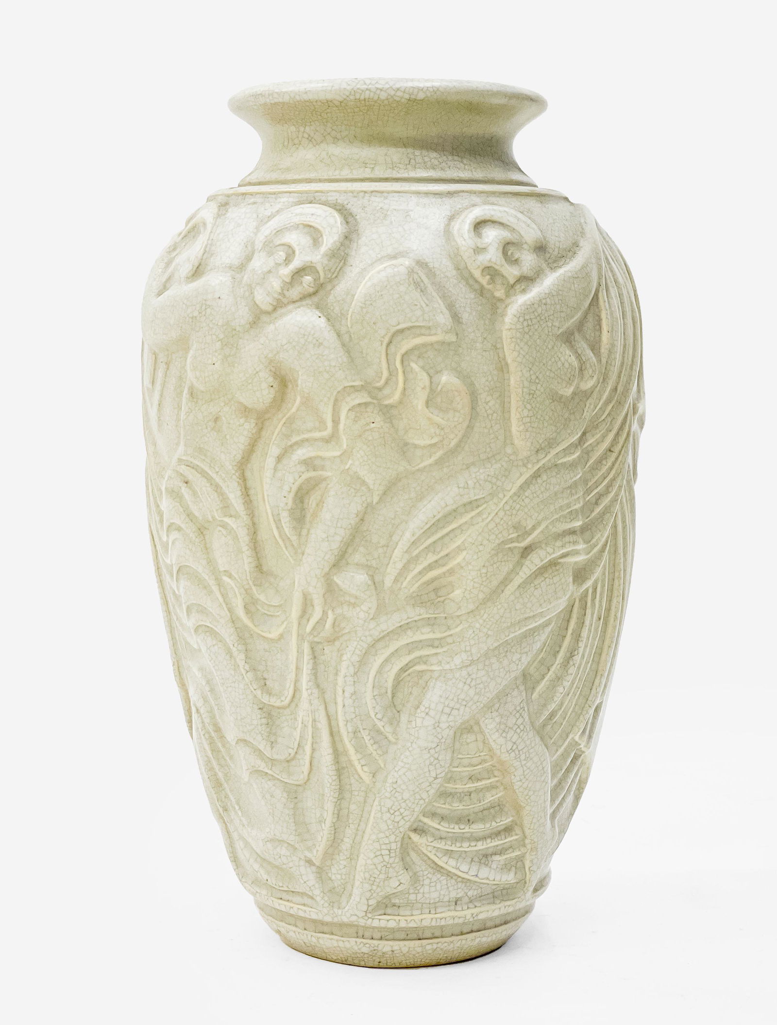 Géo Condé for Mougin Nancy, Vase 282.J: Lot 81 Géo Condé for Mougin Nancy, Vase 282.J height: 11 1/2 inches Provenance: from The Collection of Seymour Stein stoneware crackle glazed ovoid vase depicting four carved women danci