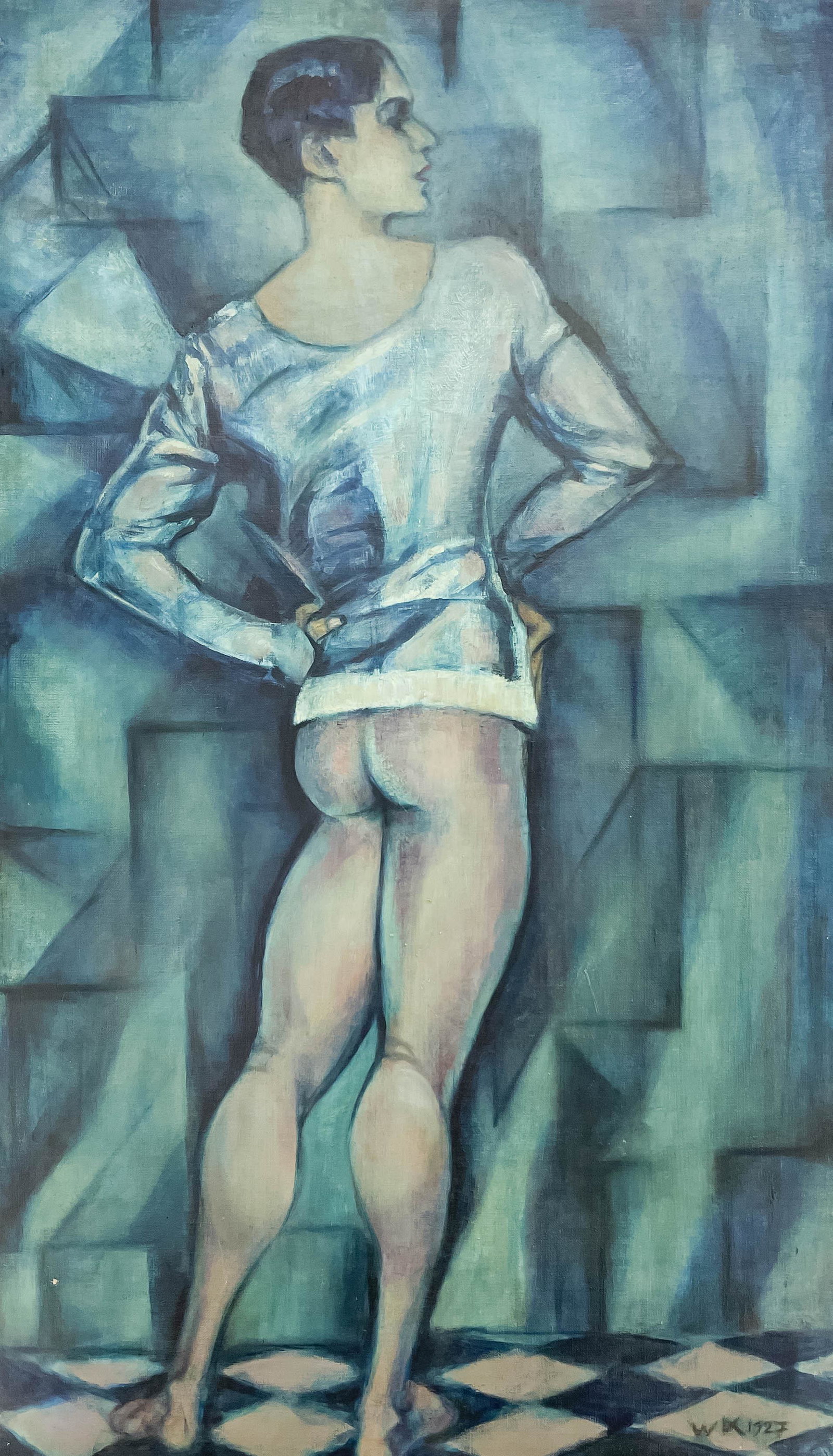 Artist Unknown - Untitled (Cubist Nude Youth): Lot 13 Artist Unknown (XIX/XX) Untitled (Cubist Nude Youth) (1927) oil on canvas monogrammed indistinctly lower right 41 1/4 x 23 3/4 inches Provenance: Property from the Collection of Seymour